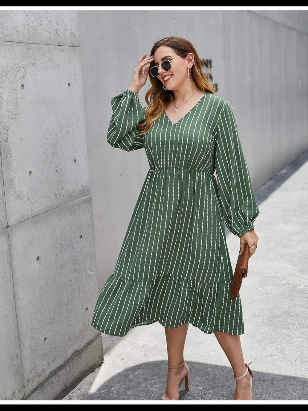 Women's Green Striped V-Neck Midi Dress - Picture 1 of 11